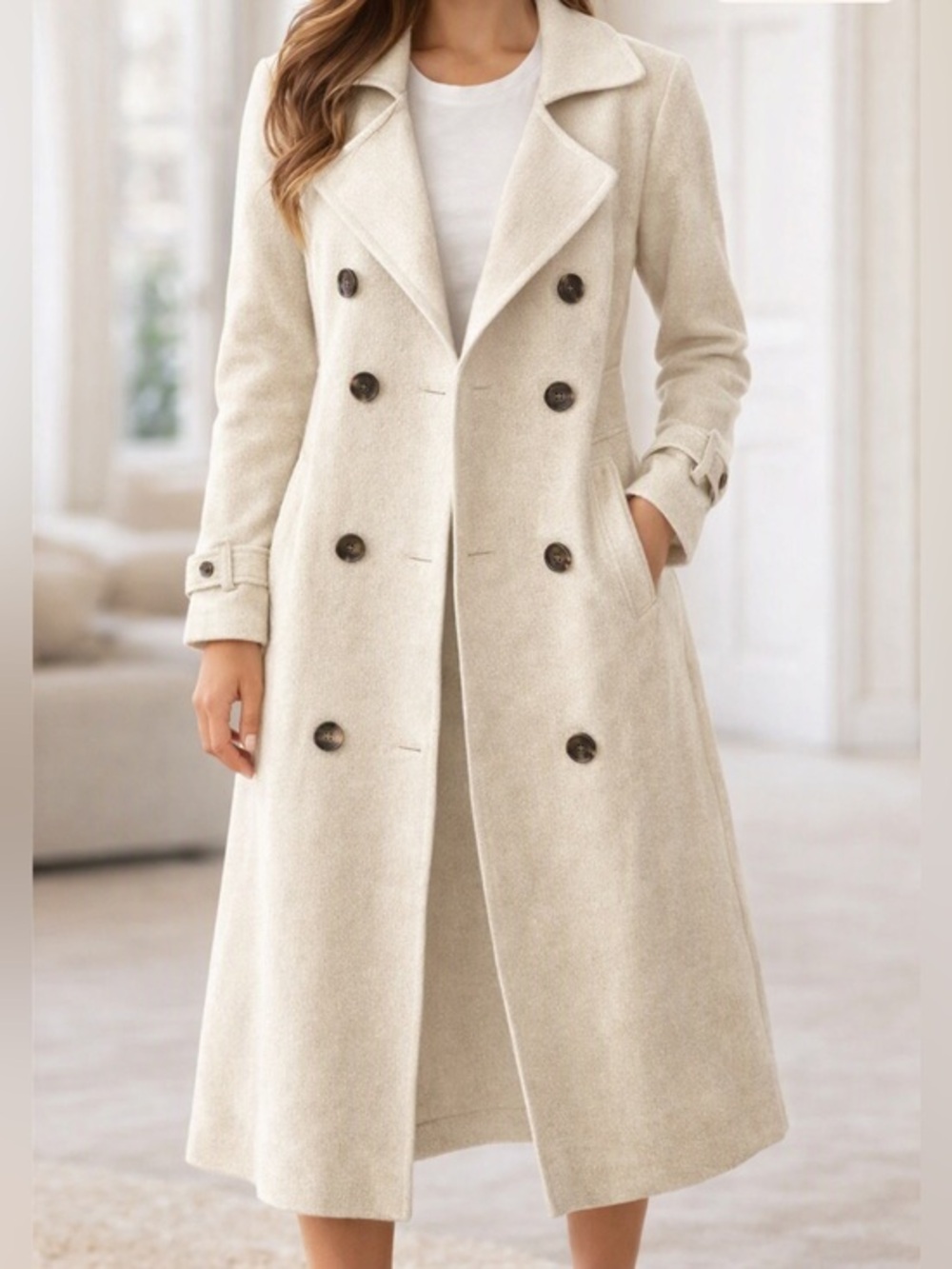Savvi Women’s Cream Harlow Knit Double‑Breasted Cashmere Trench Coat Size S NWT